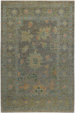 Grey Background Modern Turkish Oushak Rug 60427 by Nazmiyal NYC