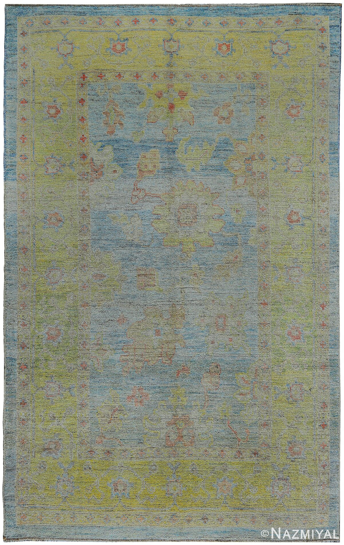 Blue Background Contemporary Modern Turkish Oushak Rug 60428 by Nazmiyal NYC