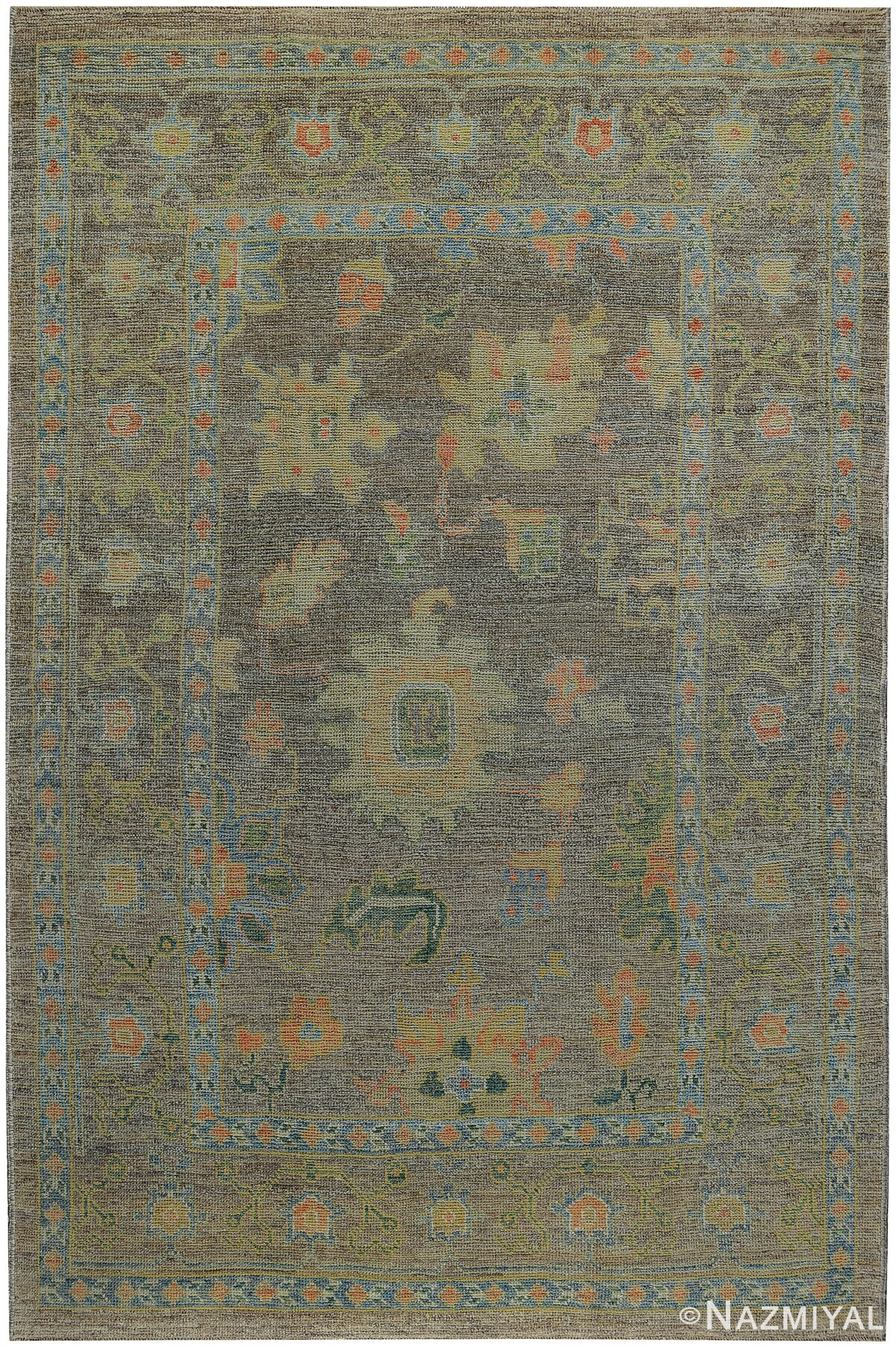 Grey Background Modern Turkish Oushak Rug 60427 by Nazmiyal NYC