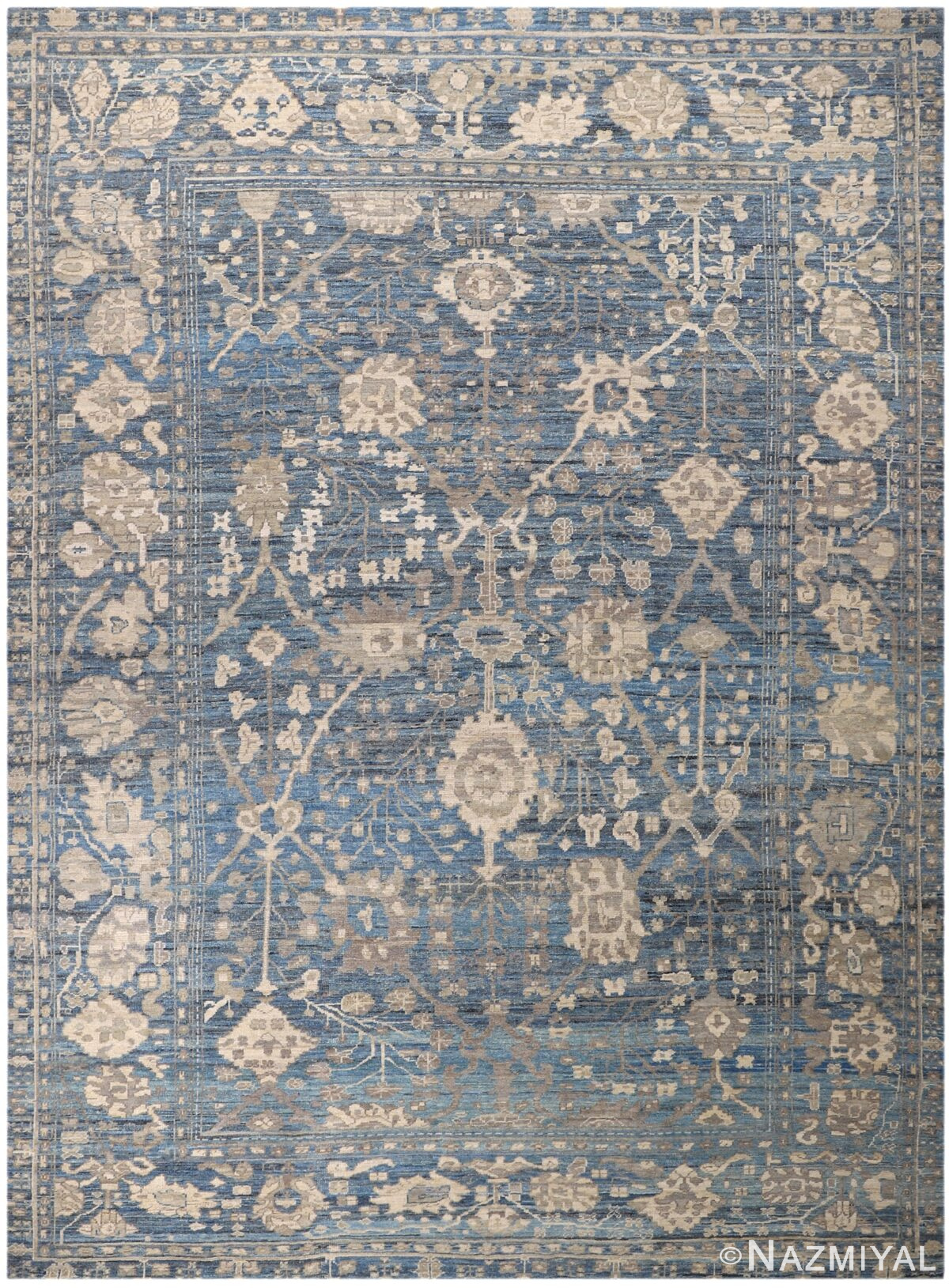 Decorative Beige and Blue Modern Turkish Oushak Rug 60504 by Nazmiyal NYC