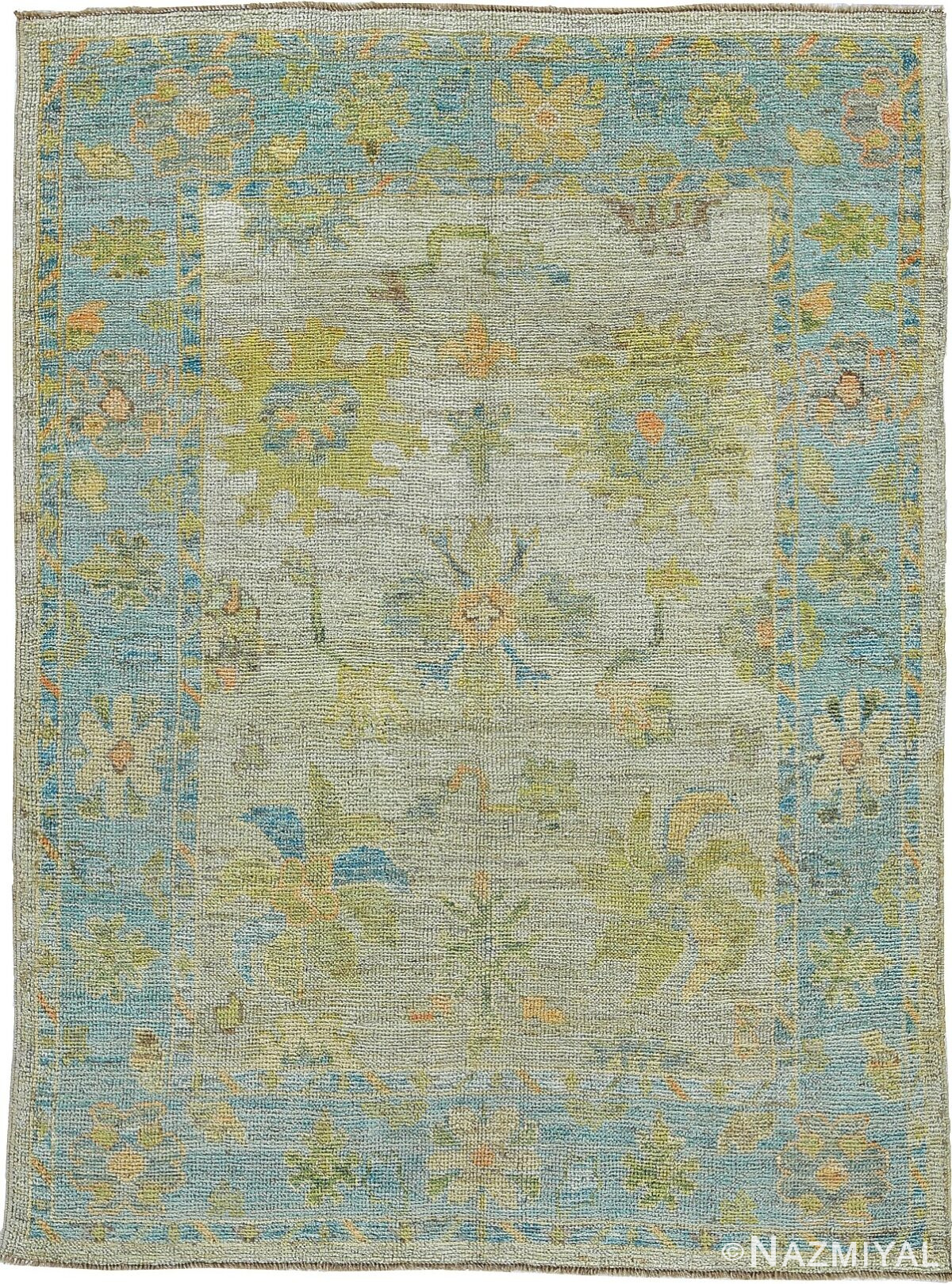 Floral Grey And Blue Modern Turkish Oushak Rug 60513 by Nazmiyal NYC