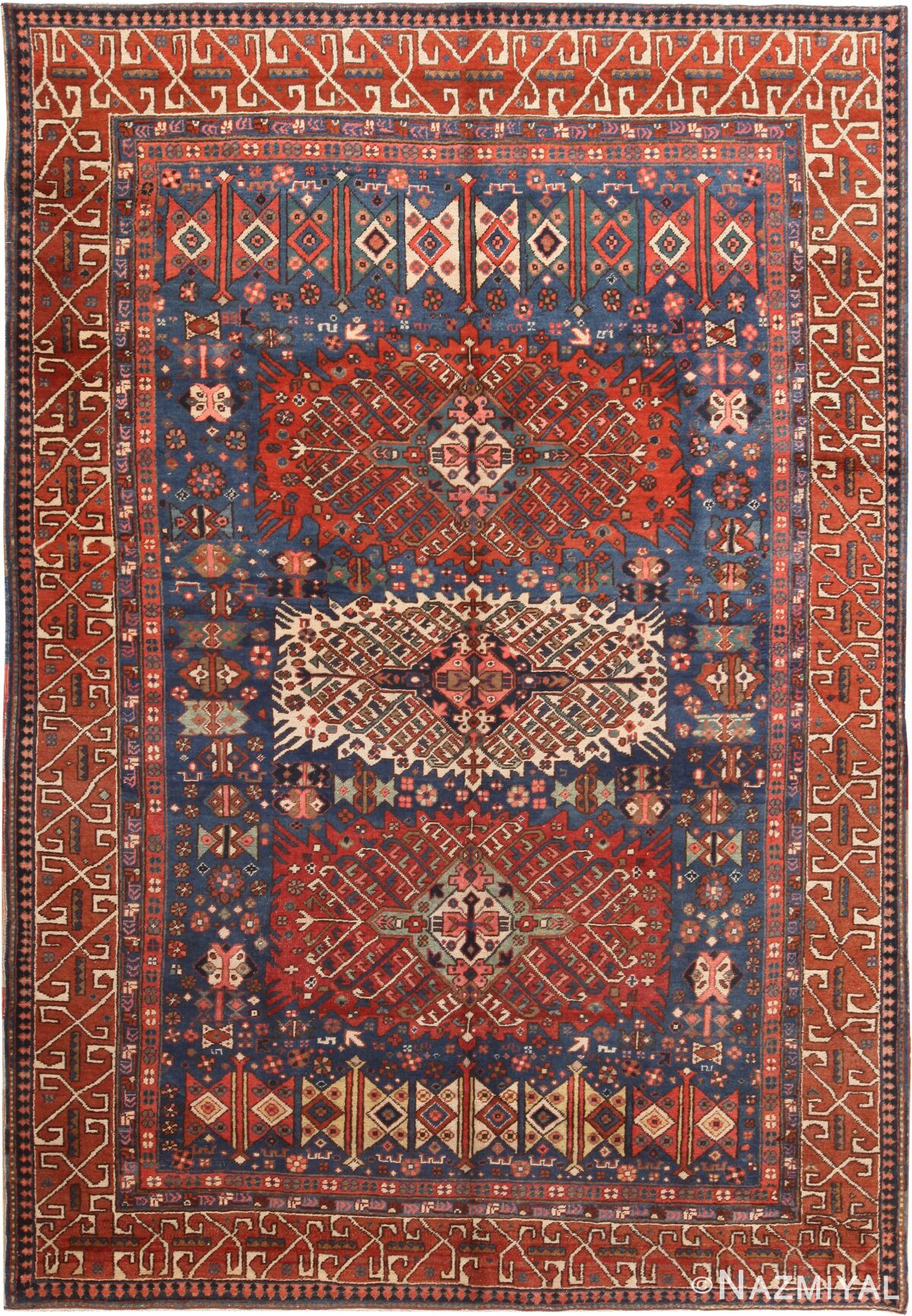 Blue Background Antique Persian Heriz Rug 70934 by Nazmiyal Antique Rugs