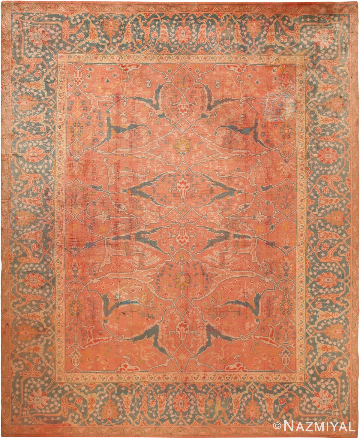 Large Coral Antique Turkish Oushak Area Rug 70876 by Nazmiyal Antique Rugs