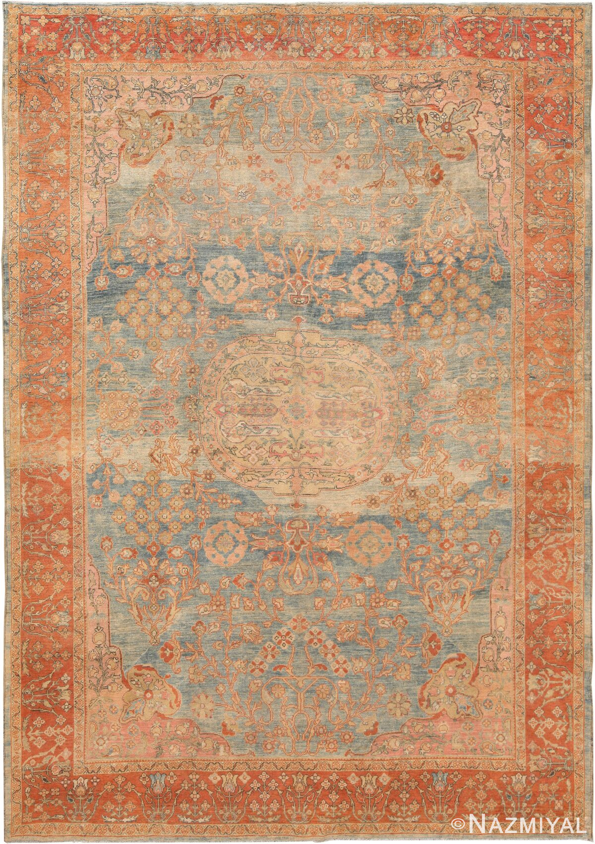 Light Blue Background Antique Sultanabad Rug 70944 by Nazmiyal Antique Rugs