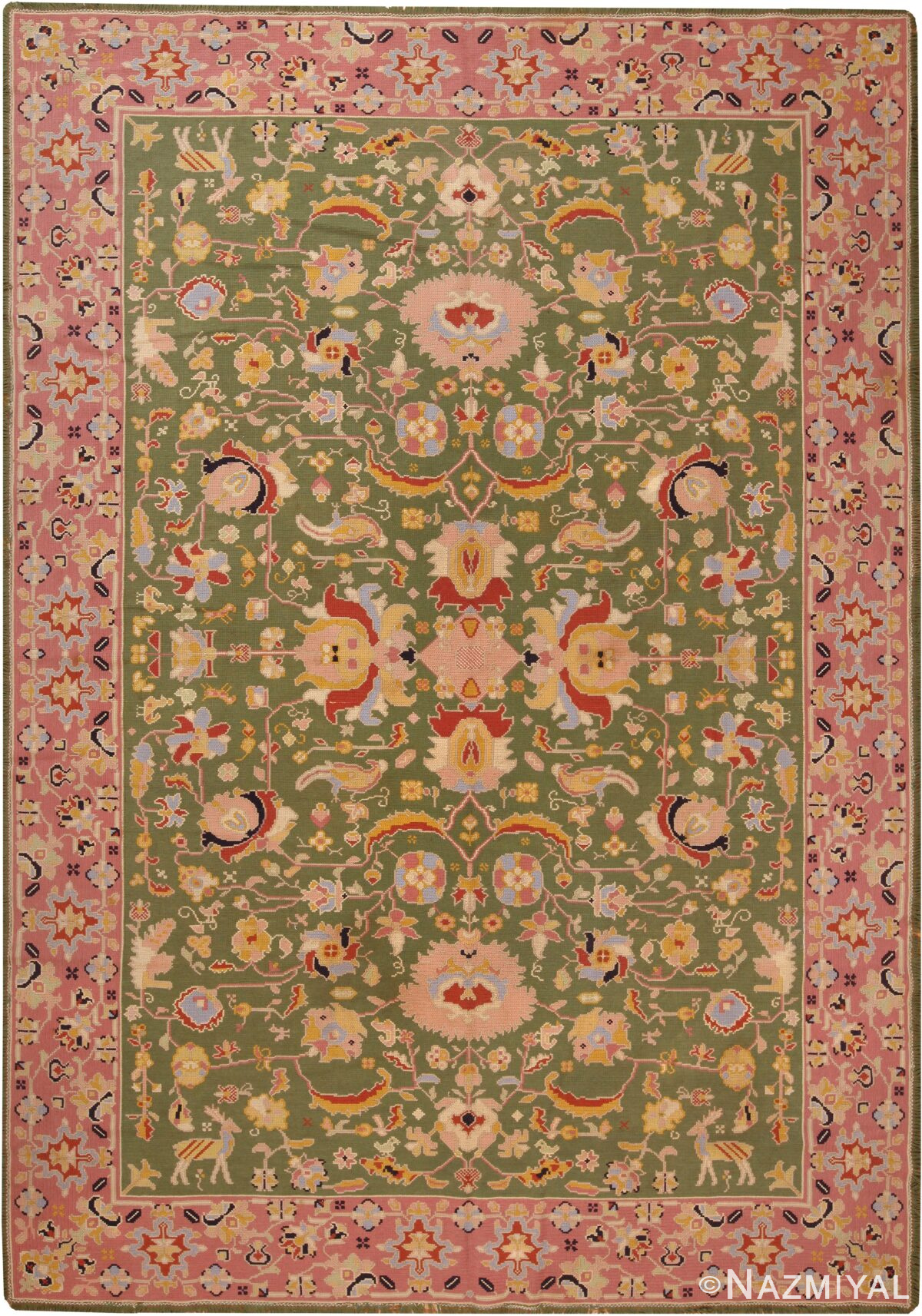 Green Background Antique Portuguese Needlepoint Rug 71004 by Nazmiyal Antique Rugs