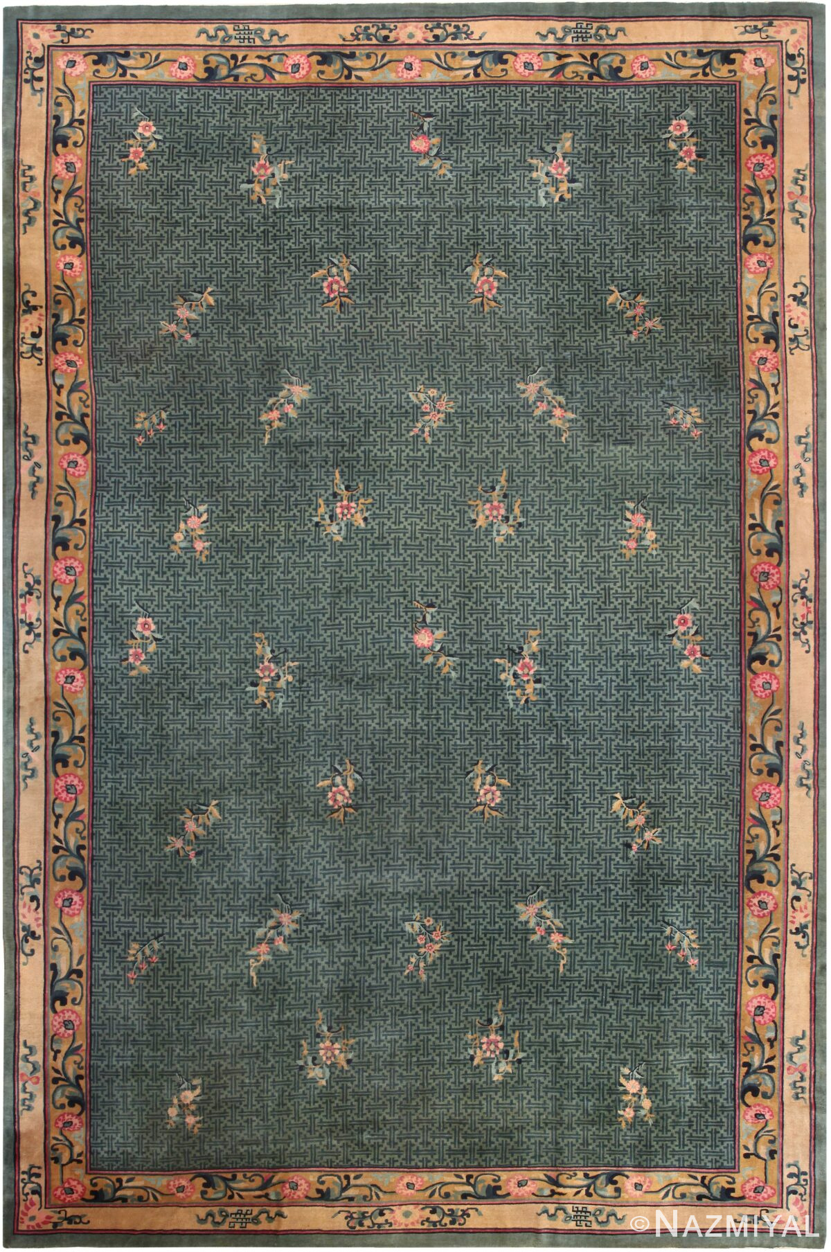 Oversized Green Background Antique Chinese Rug 70967 by Nazmiyal Antique Rugs