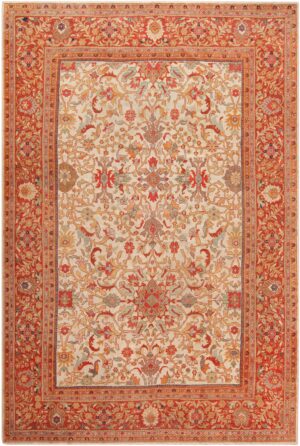 Ivory Background Antique Persian Sultanabad Area Rug 71045 by Nazmiyal Antique Rugs