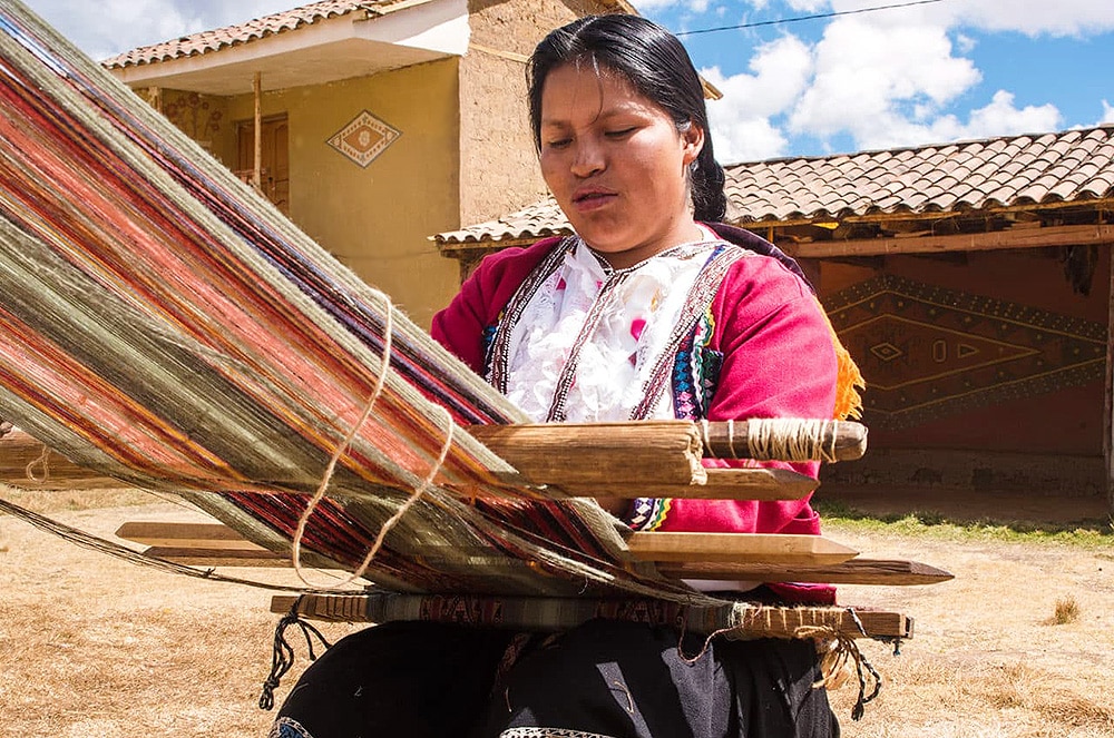 Peruvian Telar Weaver With Loom Attached To The Belt Picture of Peruvian Telar Weaver Loom Attached To The Belt by Nazmiyal Antique Rugs