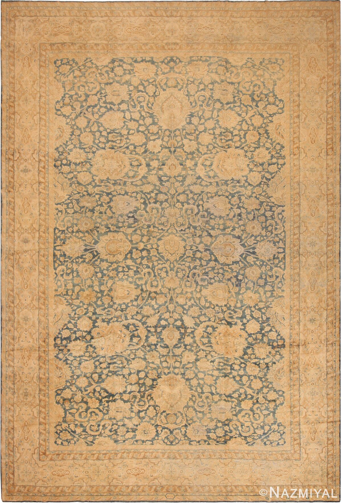 Large Blue Background Antique Persian Kerman Area Rug 71053 by Nazmiyal Antique Rugs