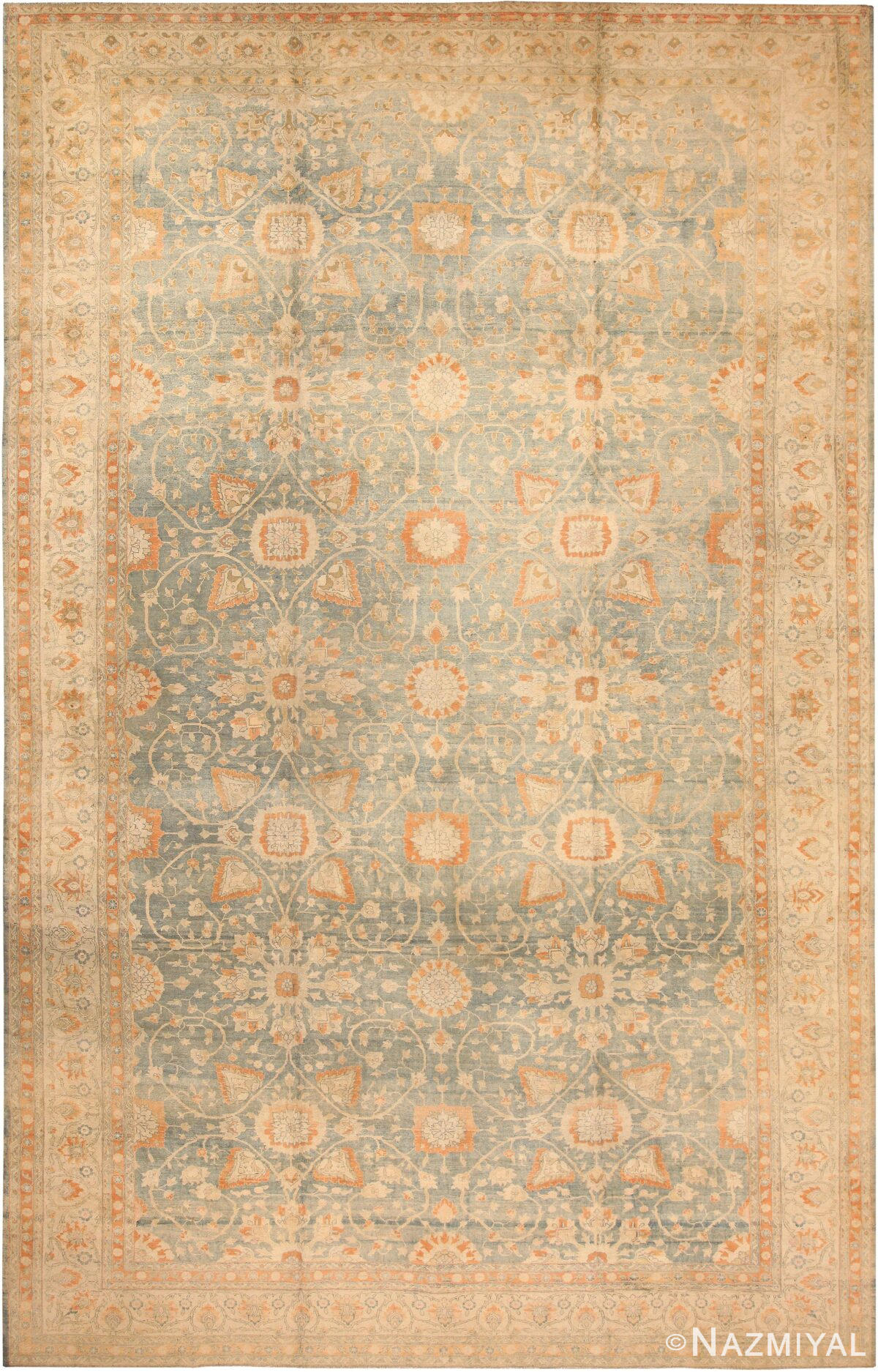 Light Blue Background Large Antique Persian Tabriz Area Rug 71047 by Nazmiyal Antique Rugs