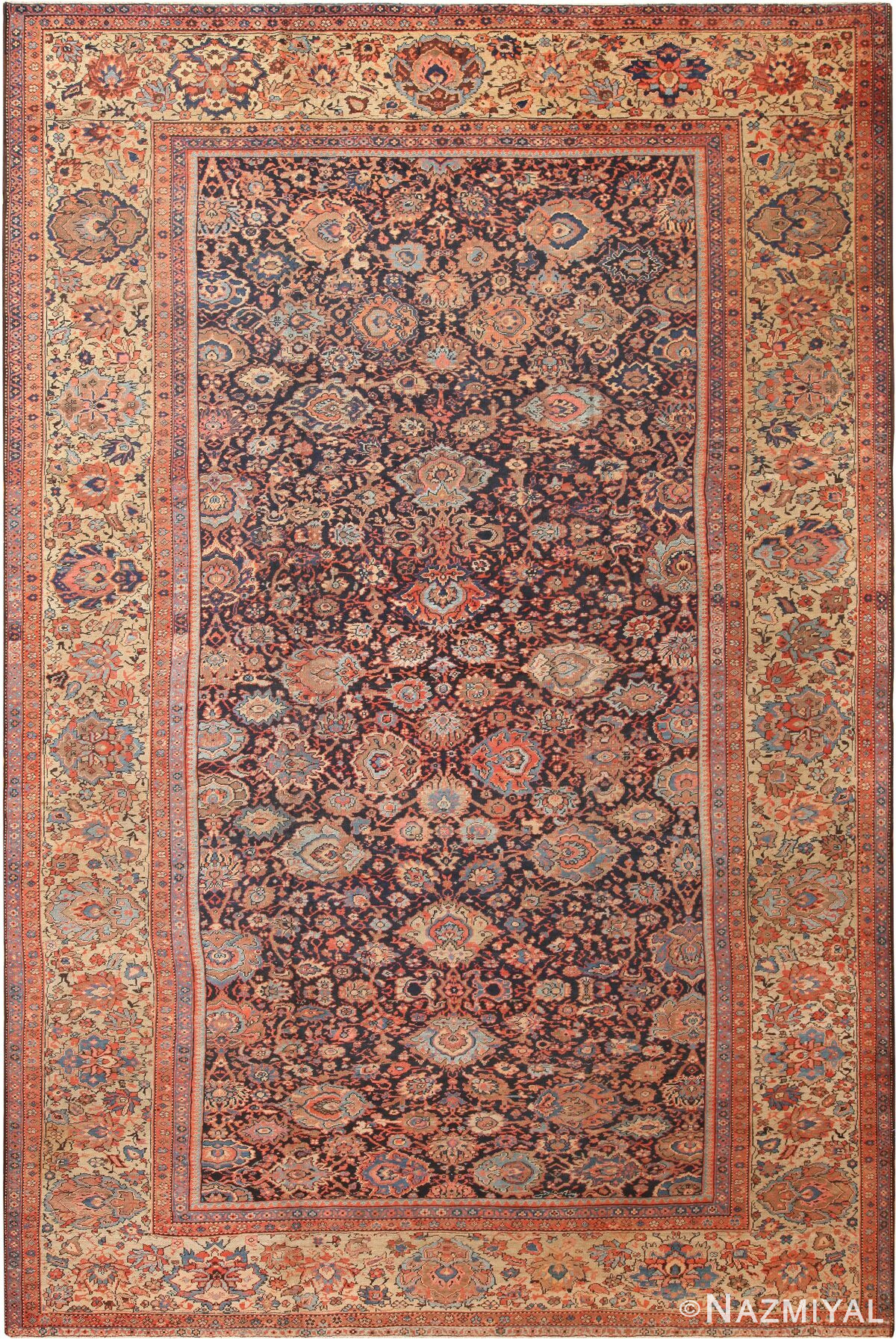 Navy Blue Background Large Antique Persian Sultanabad Rug 71043 by Nazmiyal Antique Rugs