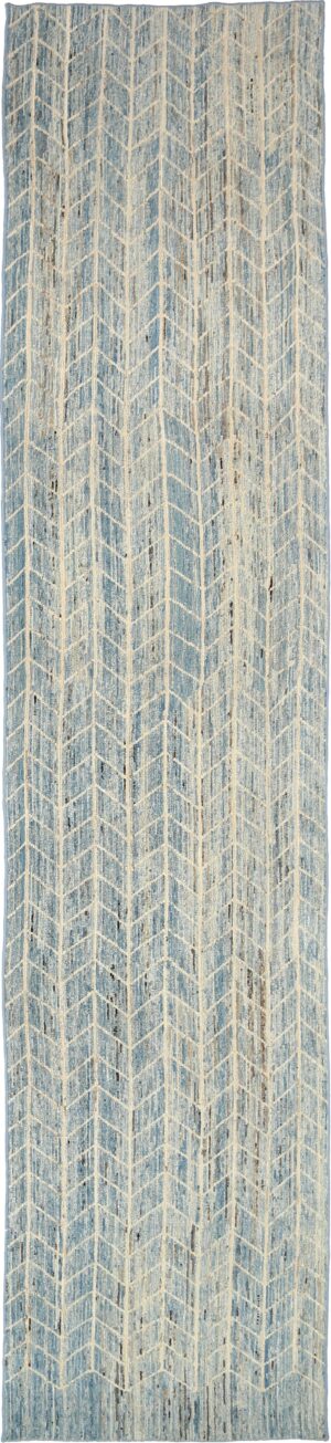 Blue Beige Geometric Modern Distressed Runner Rug 60882 by Nazmiyal Antique Rugs