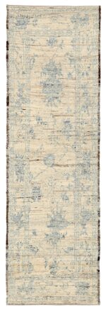 Ivory Floral Modern Oushak Runner Rug 60872 by Nazmiyal Antique Rugs