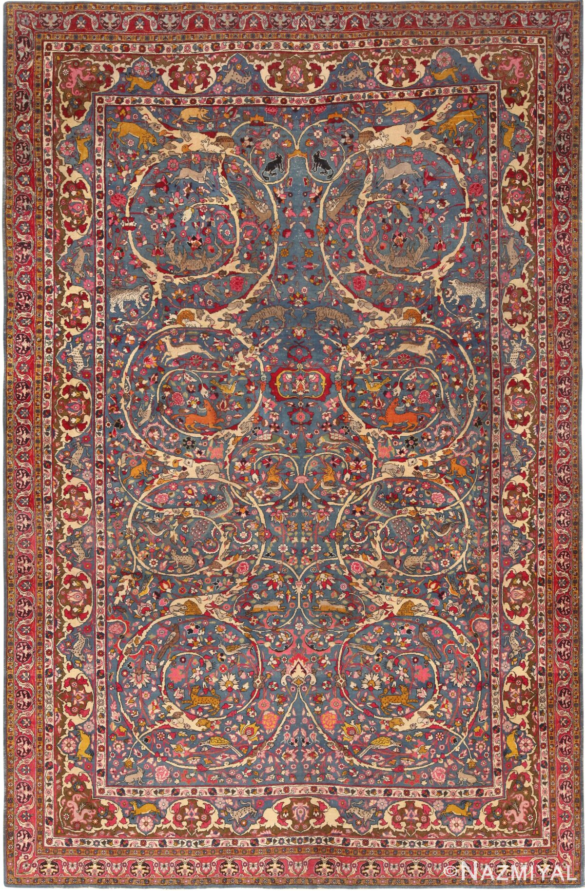 Light Blue Antique Persian Tehran Animal Rug 71108 by Nazmiyal Antique Rugs