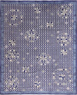 Shiny Blue Silk And Wool Modern Swedish Style Geometric Rug 60903 by Nazmiyal Antique Rugs