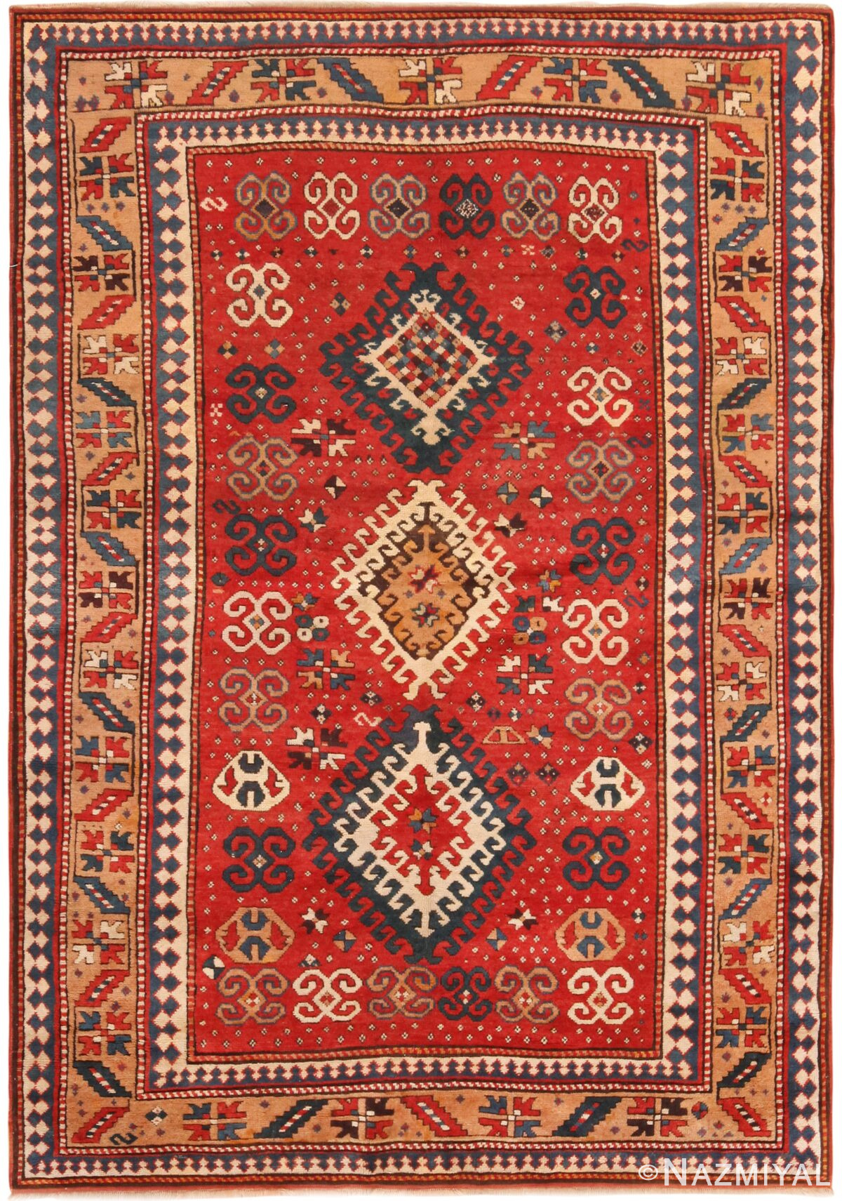 Red Background Antique Caucasian Kazak Tribal Rug 71220 by Nazmiyal Antique Rug