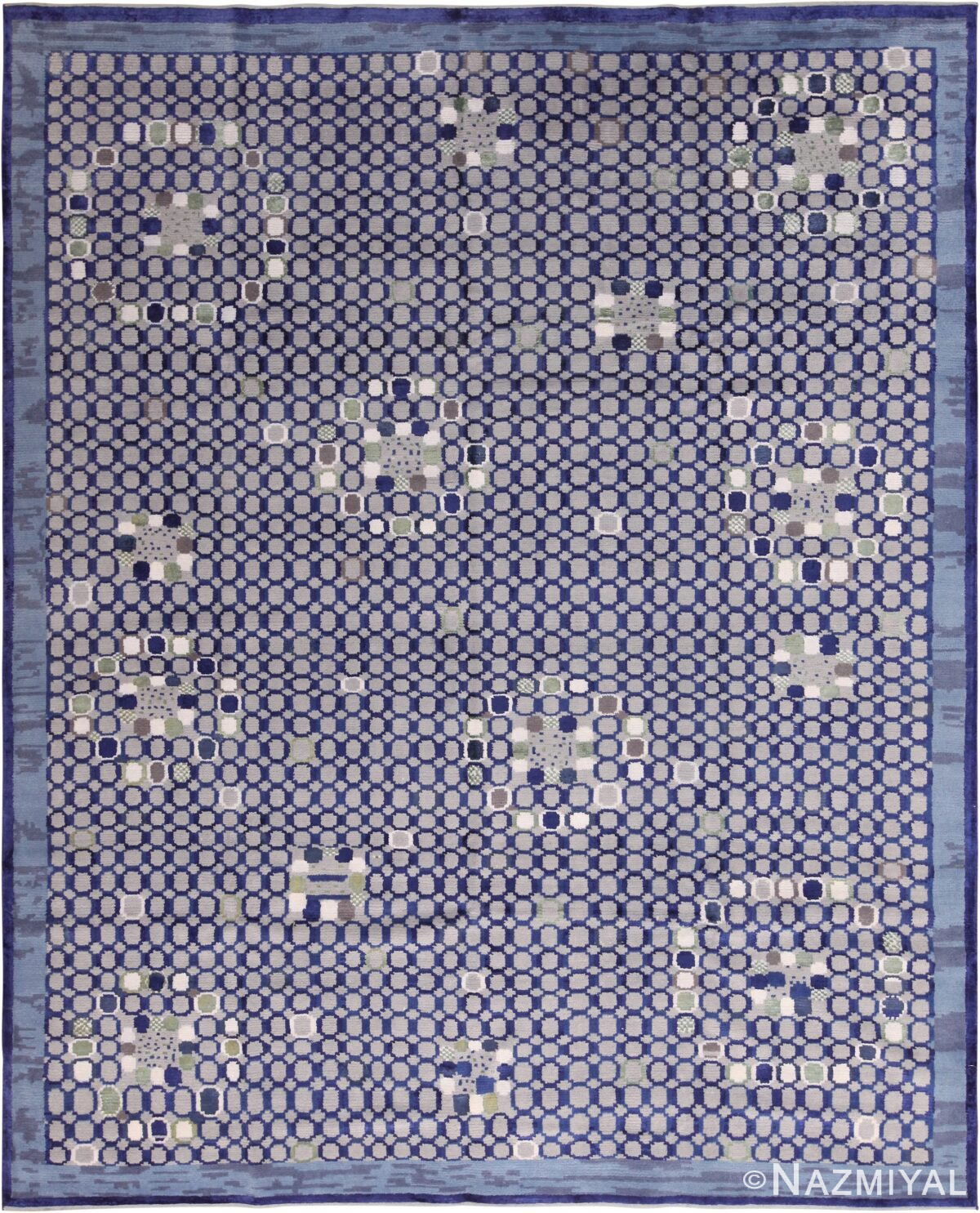 Shiny Blue Silk And Wool Modern Swedish Style Geometric Rug 60903 by Nazmiyal Antique Rugs