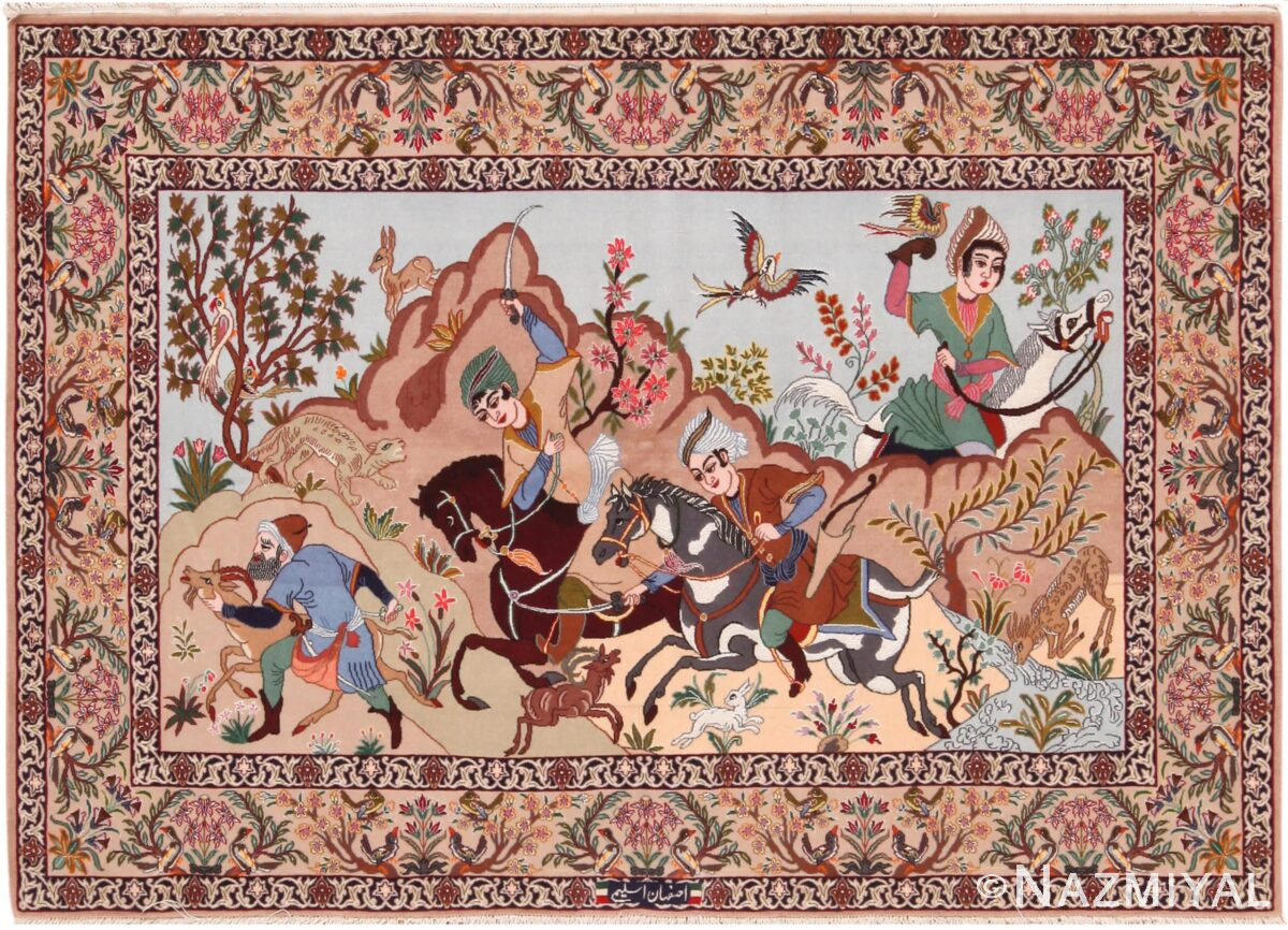 Vintage Persian Isfahan Hunting Scene Rug 71199 by Nazmiyal Antique Rug