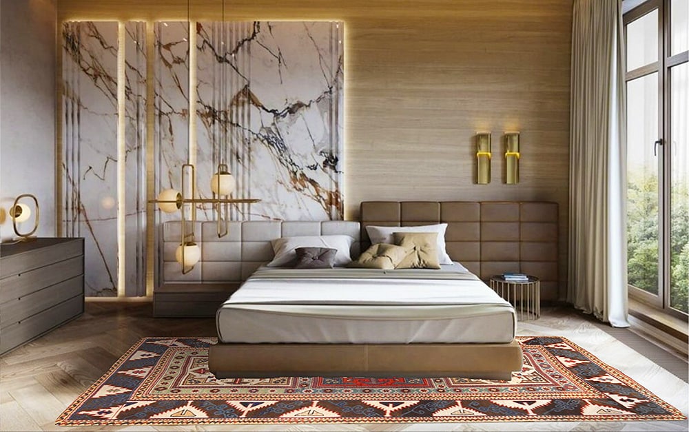 Modern Bedroom Interior Design Antique Caucasian Kazak Rug Modern Bedroom Interior Design Antique Caucasian Kazak Rug by Nazmiyal Antique Rugs