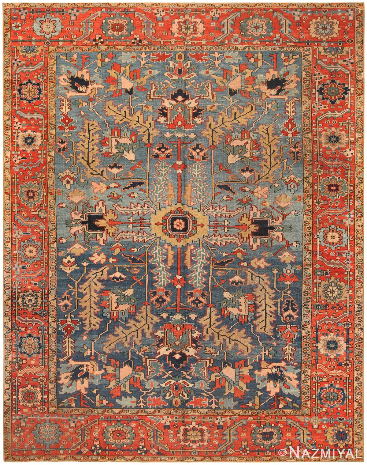 Blue Background Antique Persian Heriz Rug 71377 by Nazmiyal Antique Rugs