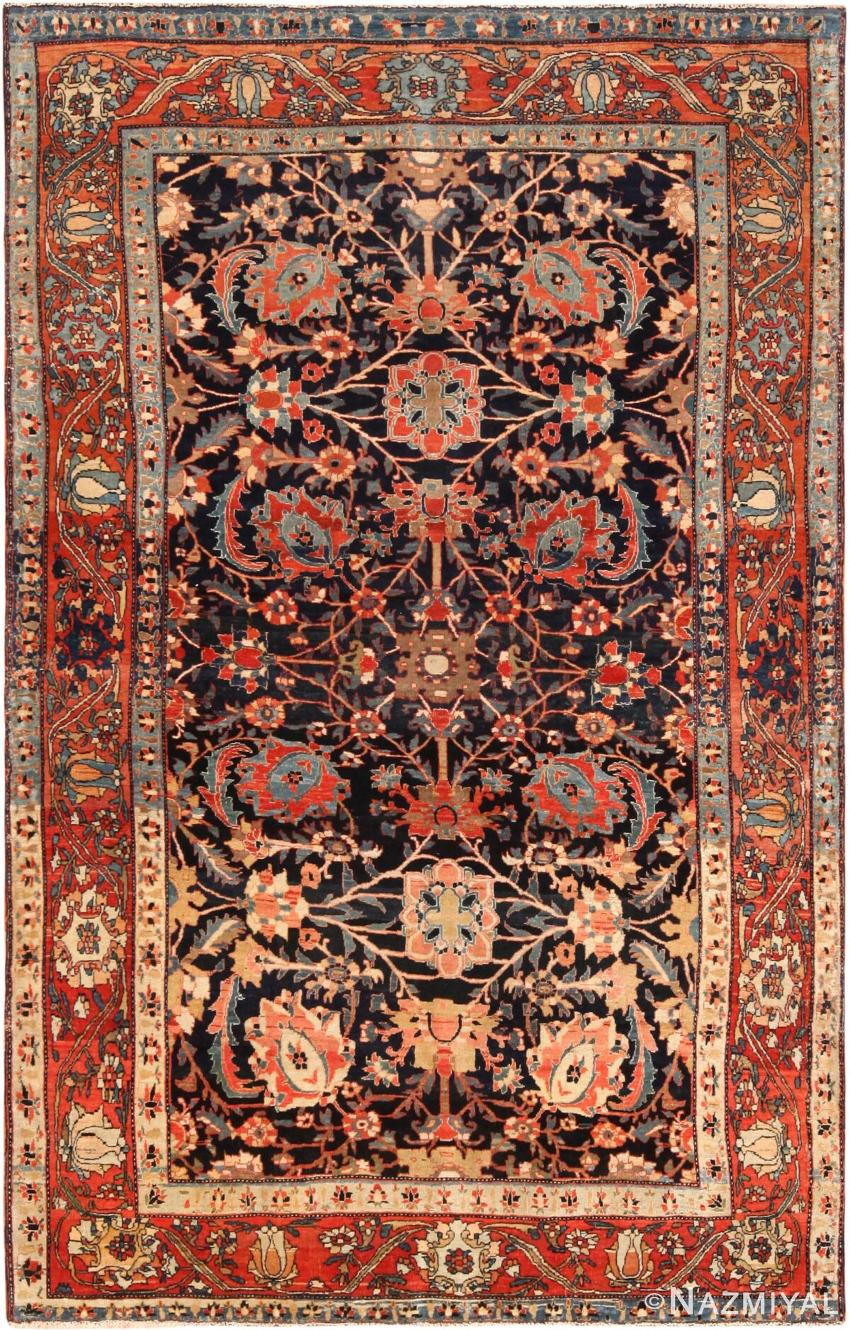 Blue Background Antique Persian Sarouk Farahan Rug 71307 by Nazmiyal Antique Rugs