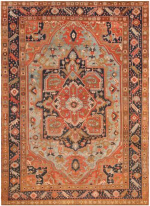 Light Blue Background Antique Persian Serapi Rug 71469 by Nazmiyal Antique Rugs