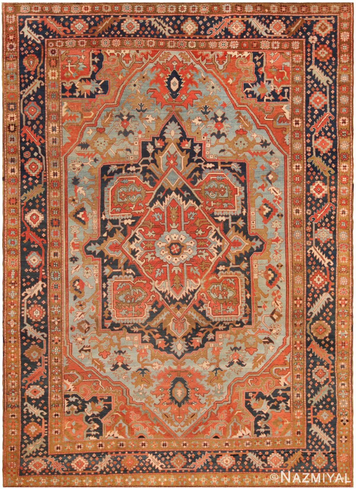 Light Blue Background Antique Persian Serapi Rug 71469 by Nazmiyal Antique Rugs