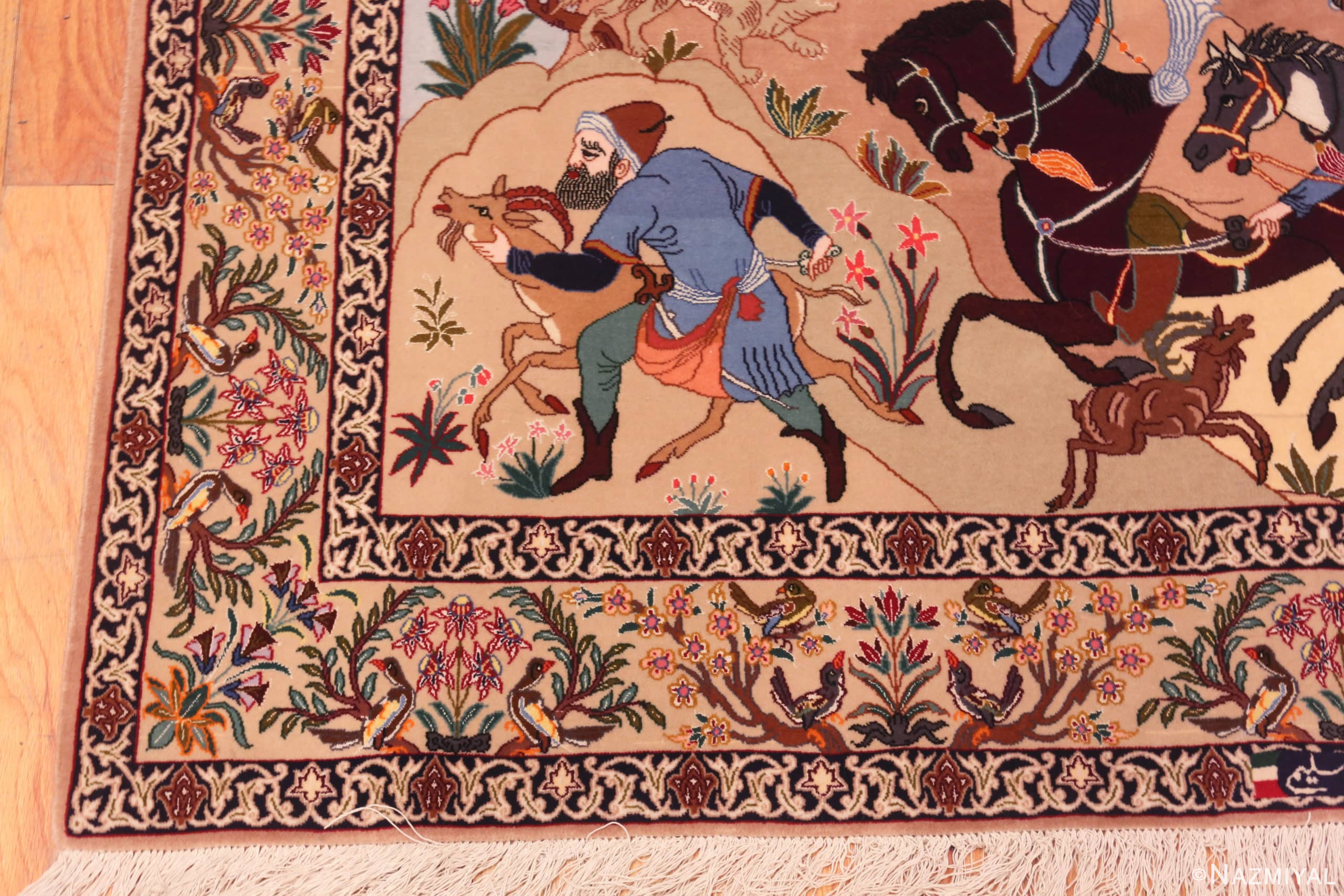 Corner Of Vintage Persian Isfahan Hunting Scene Rug 71199 by Nazmiyal Antique Rugs