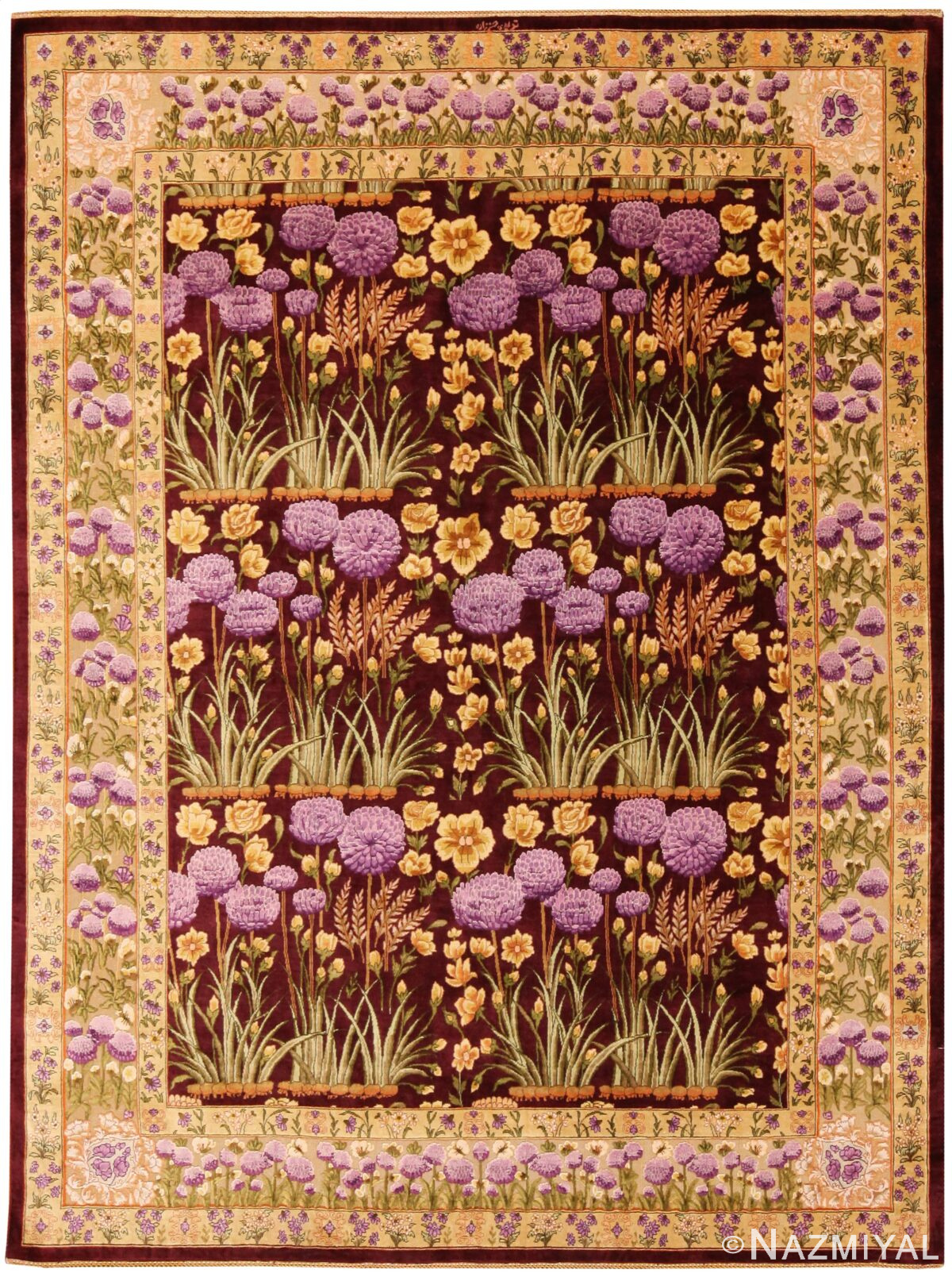 Fine Floral Maroon Silk Vintage Persian Tabriz Rug 71533 by Nazmiyal Antique Rugs