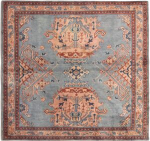 Blue Background Antique Turkish Oushak Square Rug 71641 by Nazmiyal Antique Rugs