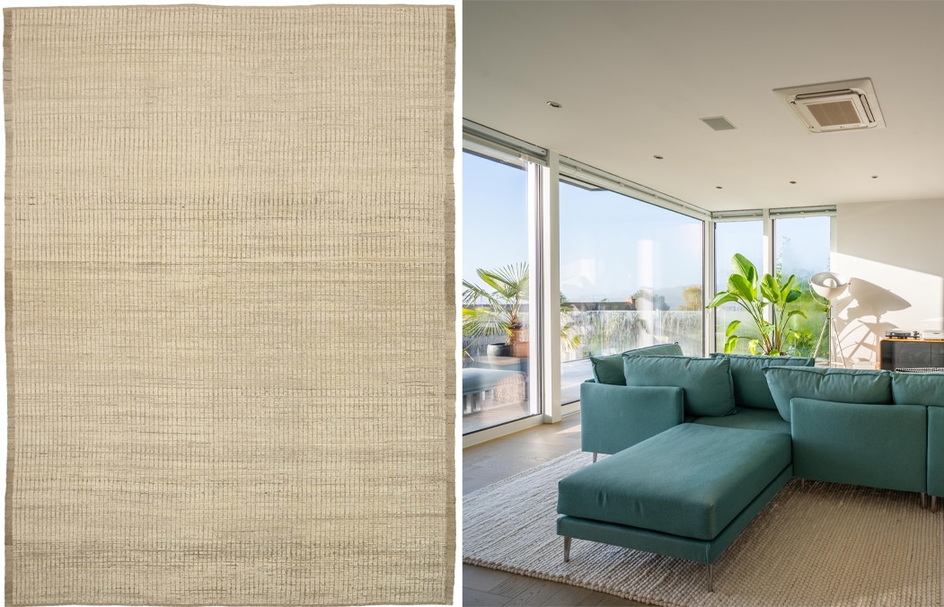 Beautiful neutral interior and modern distressed rug Beautiful neutral interior and modern distressed rug by Nazmiyal Antique Rugs