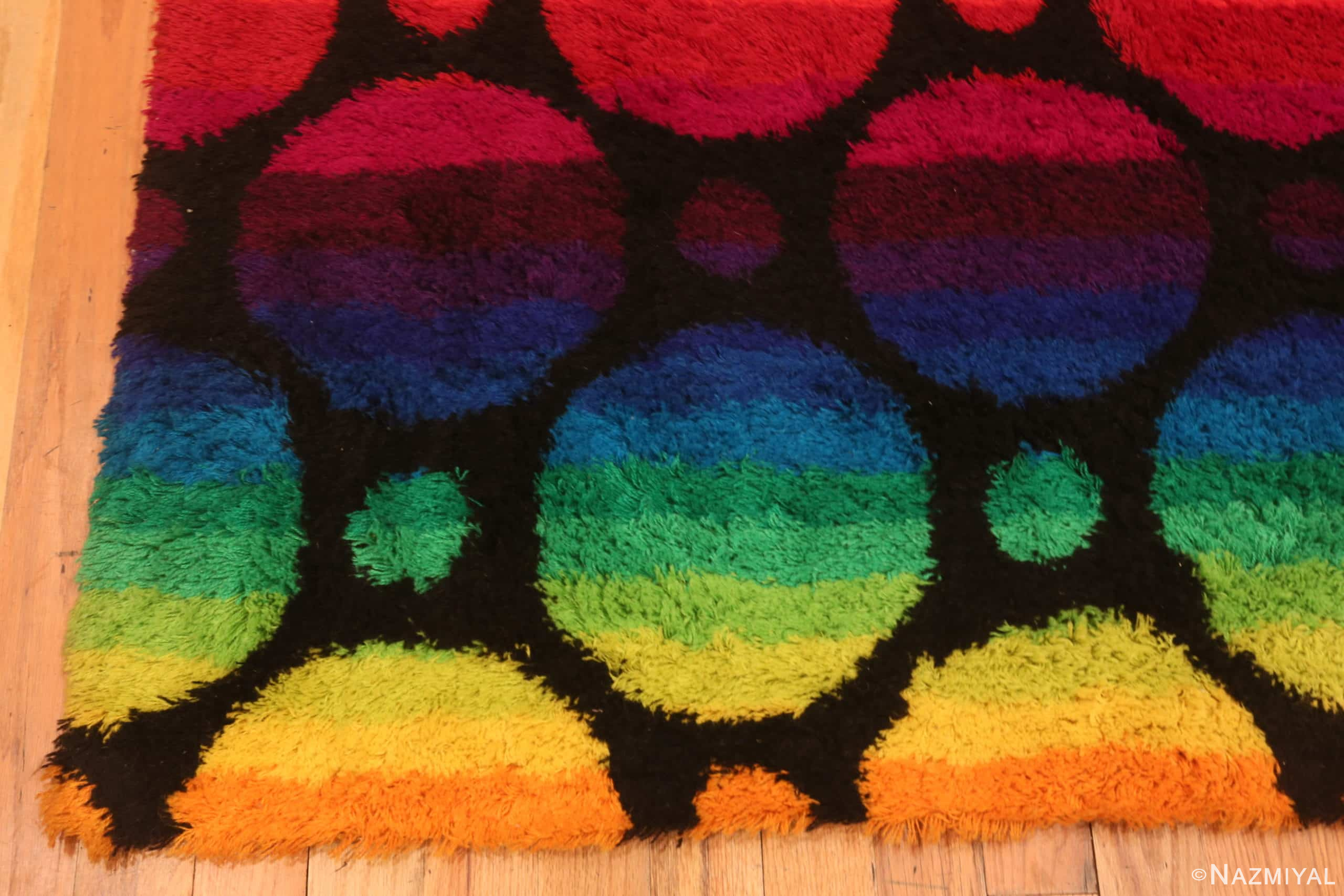 Corner Of Vintage Jewel Tone Swedish Rya Shag Rug 71114 by Nazmiyal Antique Rug