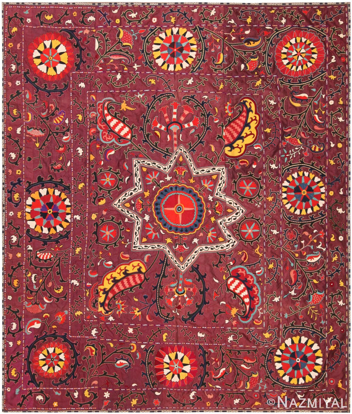 Silk Antique Uzbek Suzani Embroidery Textile 71837 by Nazmiyal Antique Rugs