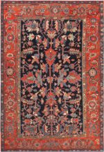 Navy Blue Background Antique Persian Heriz Rug 72100 by Nazmiyal Antique Rugs