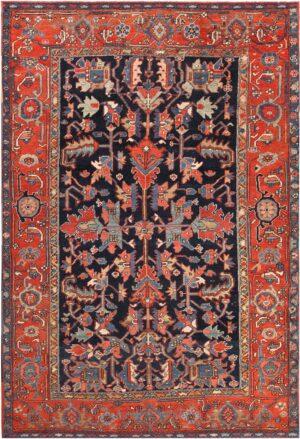 Navy Blue Background Antique Persian Heriz Rug 72100 by Nazmiyal Antique Rugs