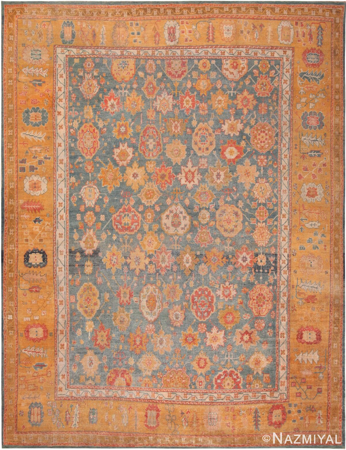 Large Blue Background Antique Turkish Oushak Rug 71595 by Nazmiyal Antique Rugs