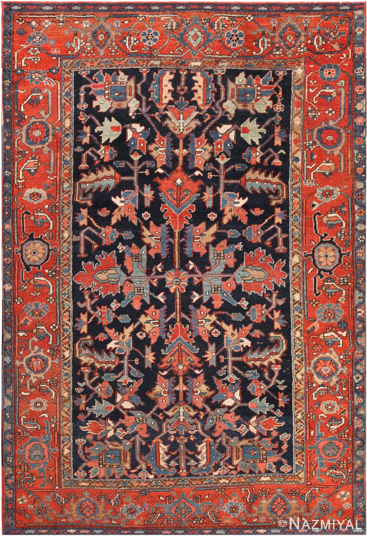 Navy Blue Background Antique Persian Heriz Rug 72100 by Nazmiyal Antique Rugs