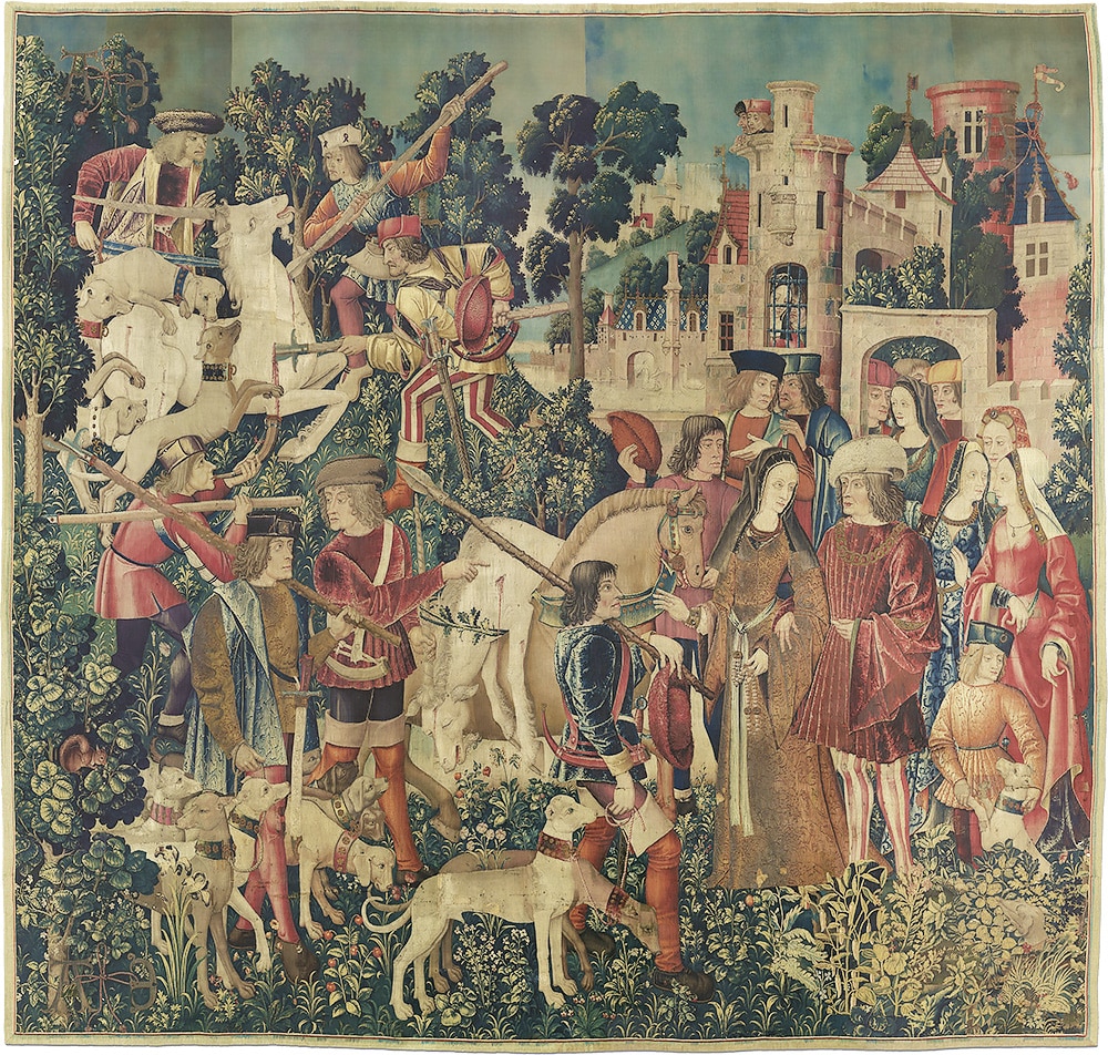The Unicorn Is Killed and Brought To The Castle The Unicorn Is Killed and Brought To The Castle Tapestry by Nazmiyal Antique Rugs