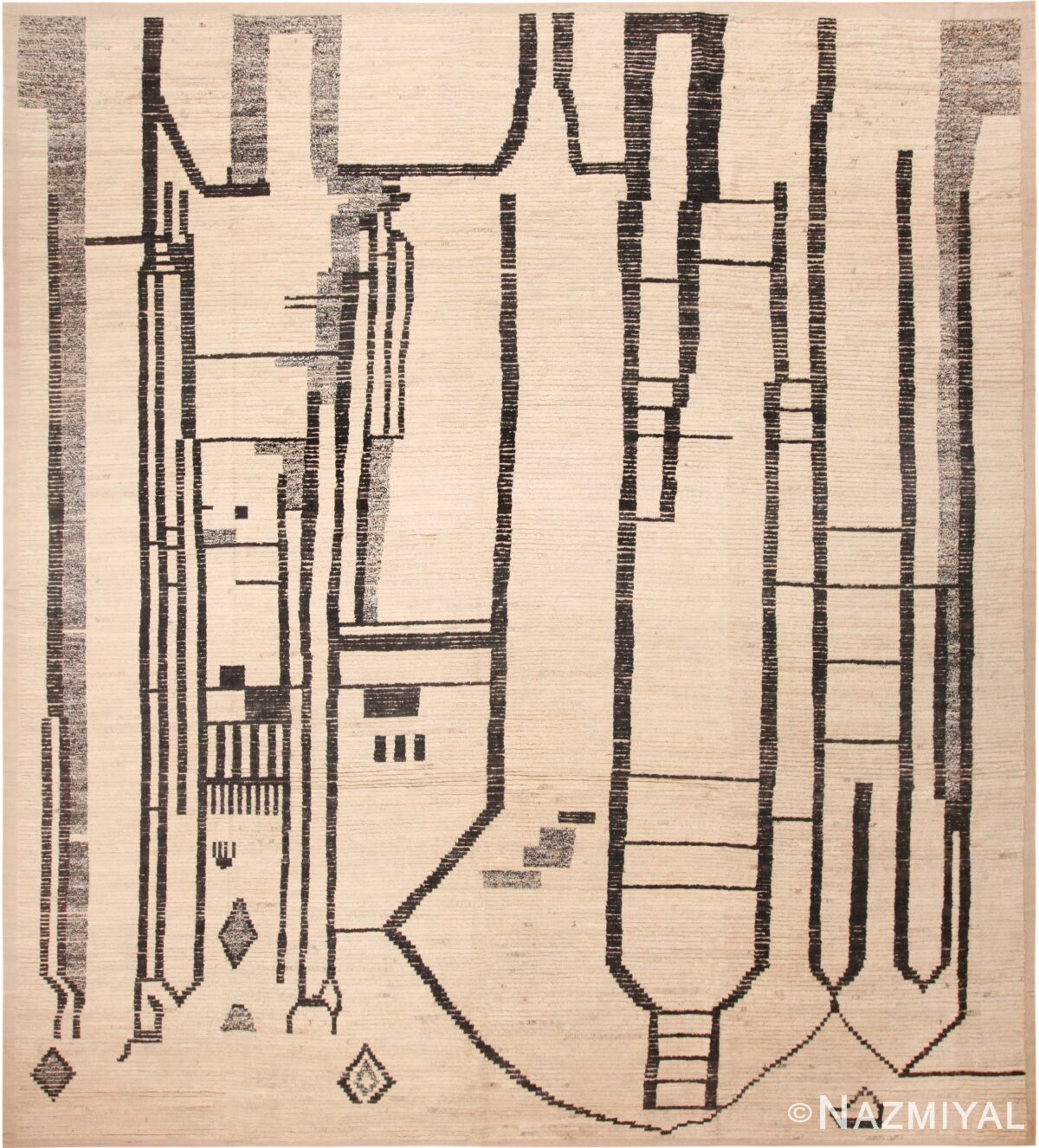 Ivory Background Abstract Primitive Design Modern Area Rug 11727 by Nazmiyal Antique Rugs