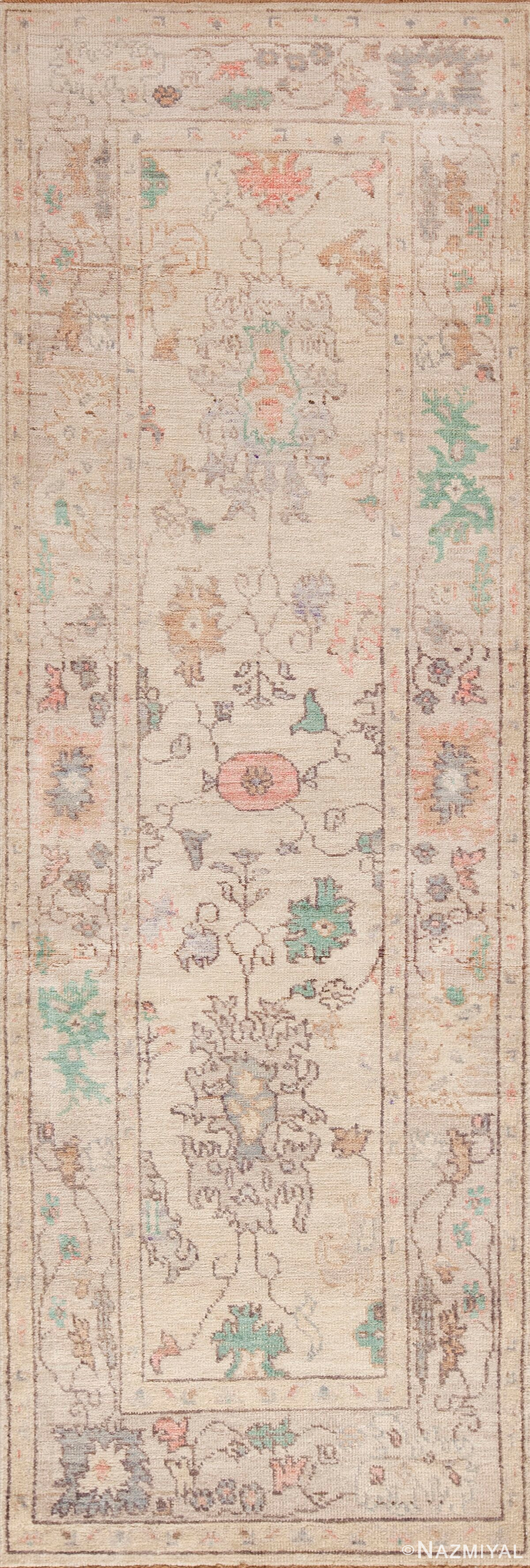 Decorative Soft Color Modern Tribal Turkish Oushak Design Hallway Runner Rug 11204 by Nazmiyal Antique Rugs