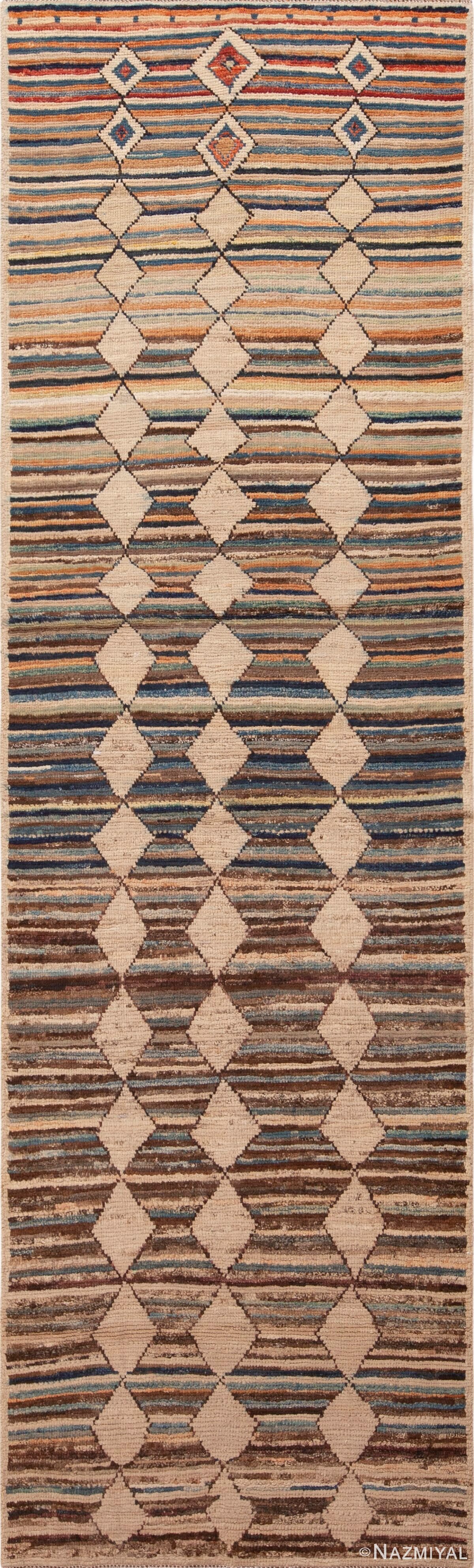 Earthy Brown Modern Tribal Geometric Hallway Runner Rug 11081 by Nazmiyal Antique Rugs
