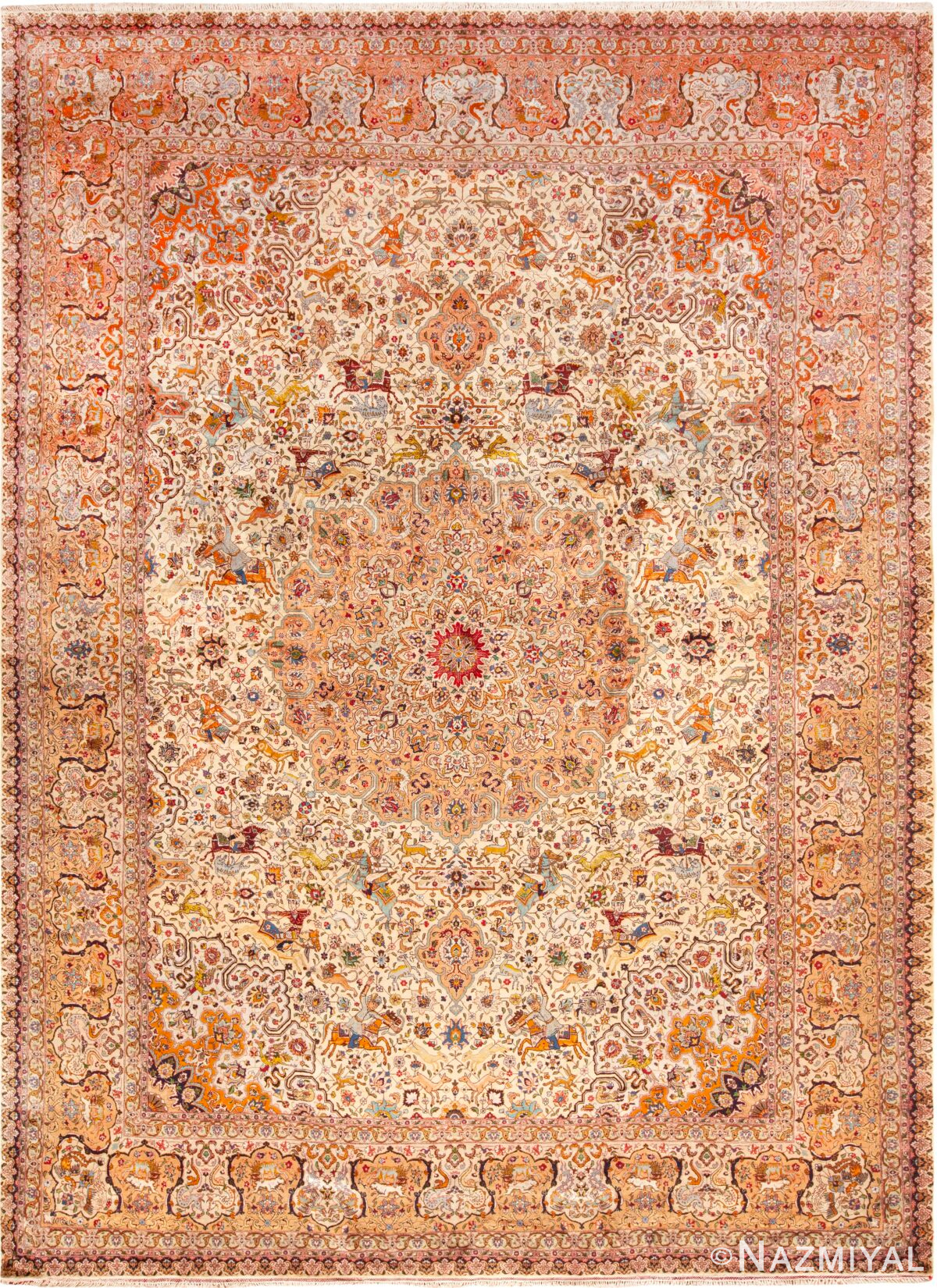 Fine Vintage Silk Tabriz Persian Hunting Scene Area Rug 72429 by Nazmiyal Antique Rugs