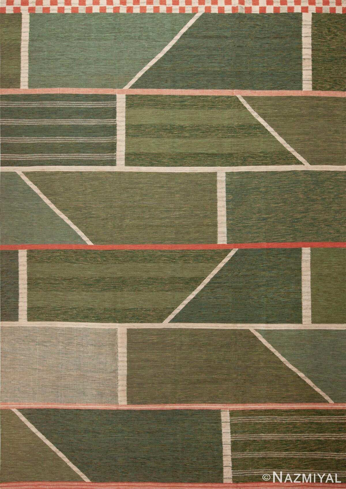 Geometric Moss Green Modern Swedish Scandinavian Flatwoven MCM Design Kilim Area Rug 72545 by Nazmiyal Antique Rugs