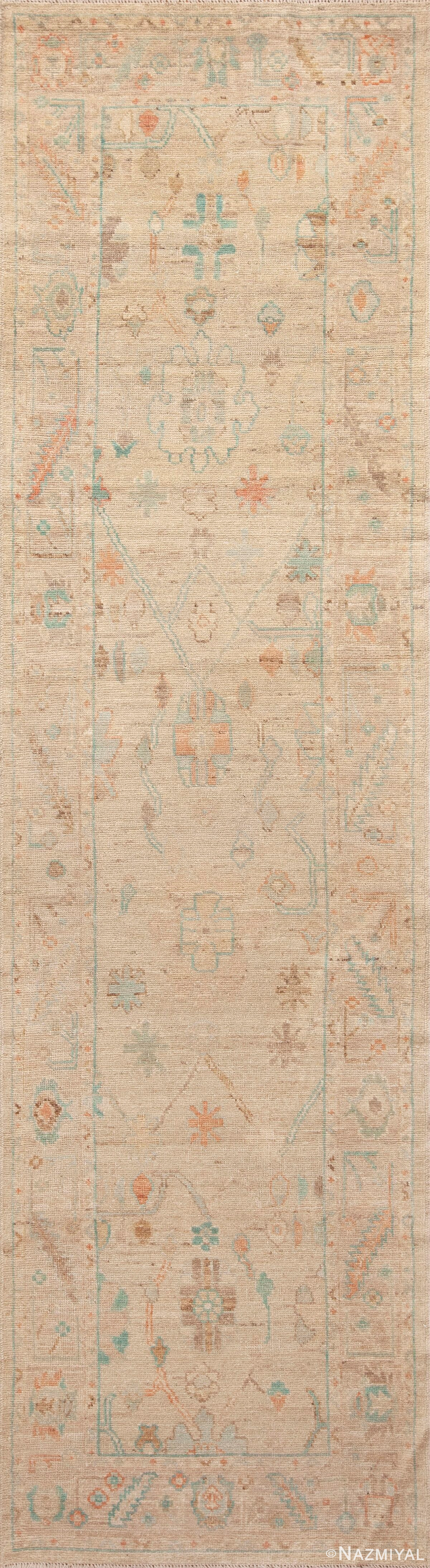 Soft Neutral Modern Decorative Tribal Turkish Oushak Design Runner Rug 11206 by Nazmiyal Antique Rugs