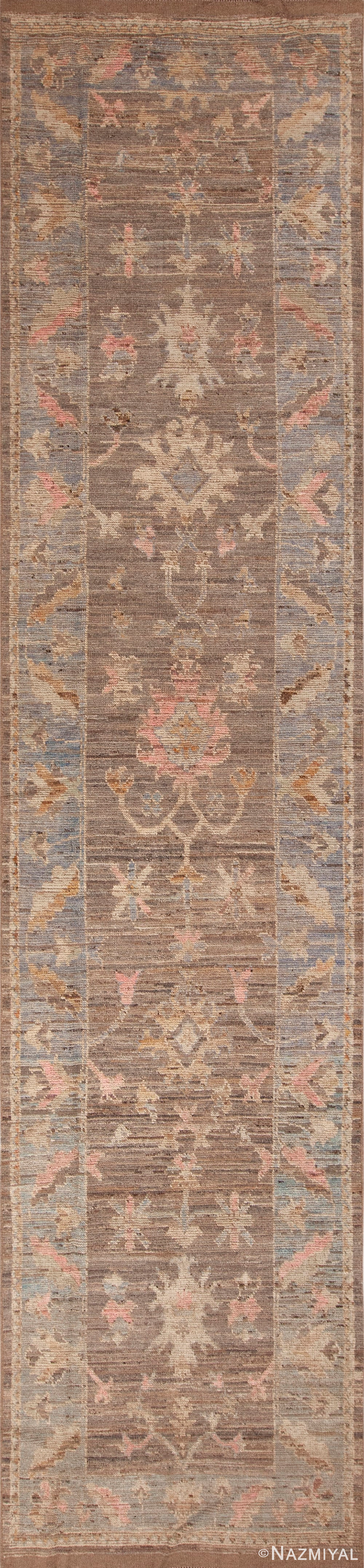Casual Oushak Design Brown Earth-Tone Color Floral Modern Hallway Runner Rug 11209 by Nazmiyal Antique Rugs