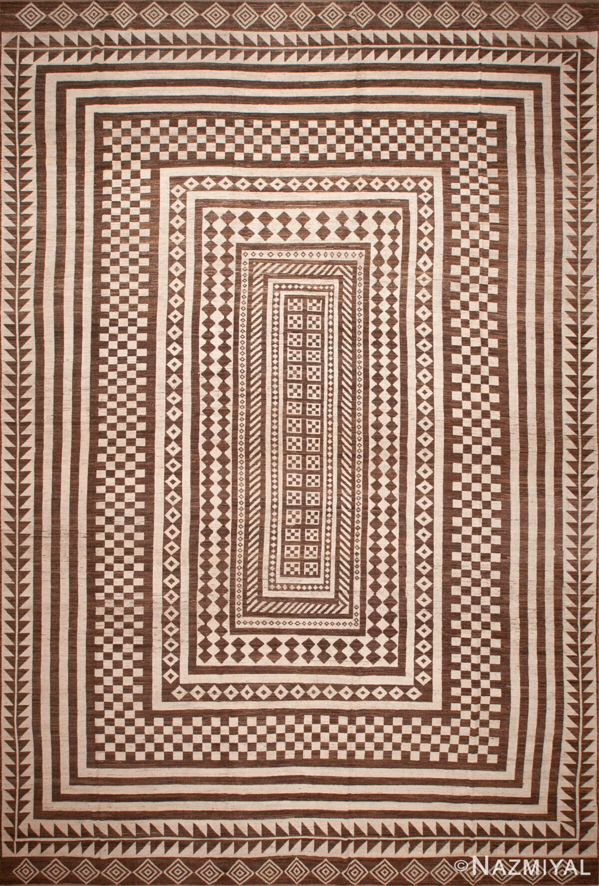 Captivating Ivory and Brown Color Tribal Geometric Design Modern Oversized Area Rug 11851 by Nazmiyal Antique Rugs