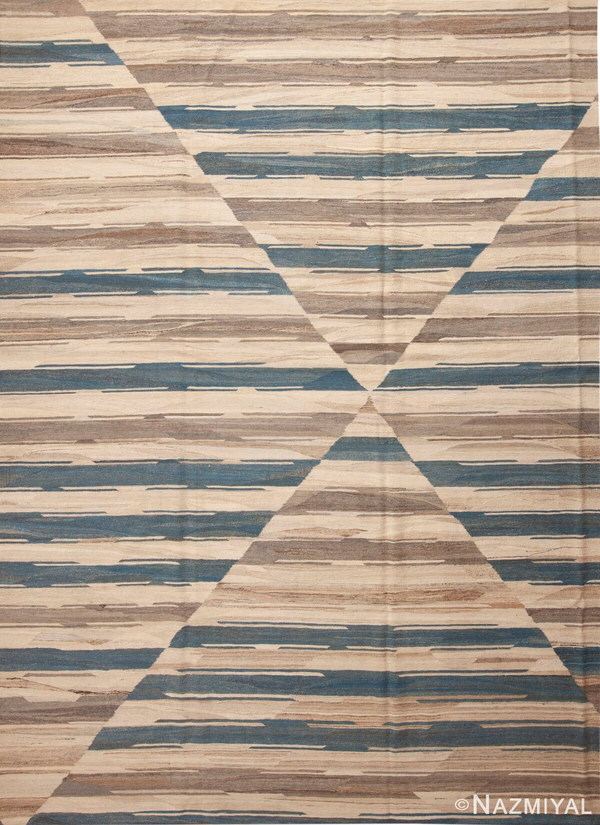 Neutral Cream Blue Color Geometric Design Modern Flat Weave Room Size Kilim Rug #11592 by Nazmiyal Antique Rugs