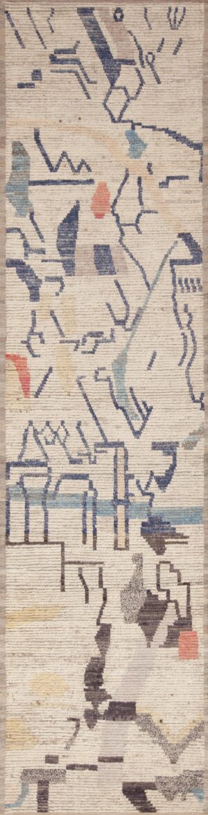 Ivory Cream Color Background Abstract Tribal Geometric Design Modern Hallway Runner Rug 11169 by Nazmiyal Antique Rugs