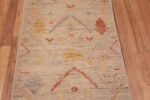 Details of Beautifully Artistic and Whimsical Modern Light Ivory Cream Color Background Rustic Tribal Geometric Design Contemporary Runner Rug 11042 by Nazmiyal Antique Rugs