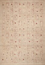 Ivory Cream Color Background Large Size Modern Rustic Tribal Geometric Grid Pattern Area Rug 11678 by Nazmiyal Antique Rugs